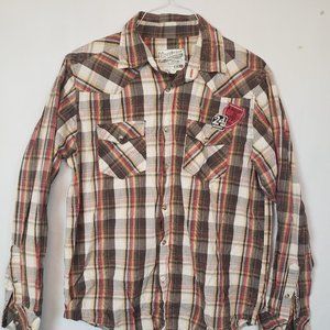 Overdrive Mens Pearl Snap Shirt Size L Brown Plaid 100% Cotton Western Rodeo